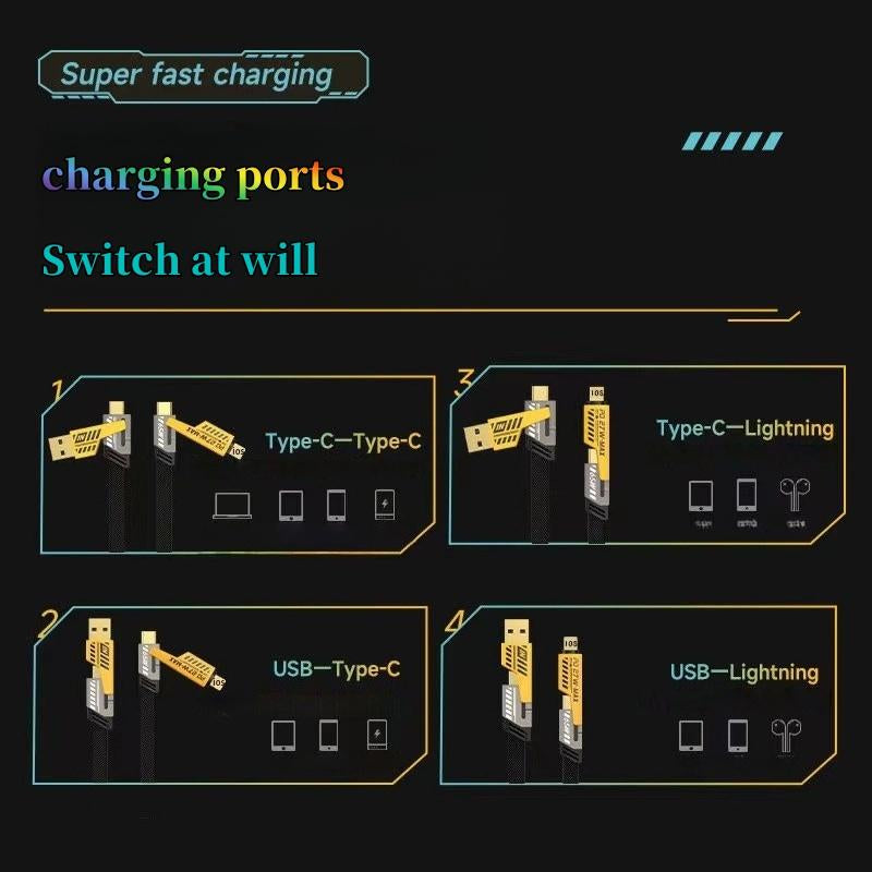 4-In-1 Universal Fast Charge Cable，Works with Iphone & Android，Charge Even Faster，Martchip inside – Hypercharge，Thermalsafe Charge – No Overcharge