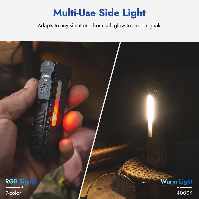【NEW LAUNCH】WUBEN X4 1500 Lumens Multi-Function LED Flat Flashlight, RGB Mood Light & Side Camping Lamp, Instant-On Tail Switch, USB-C Rechargeable, IP68 Waterproof for Camping, Hiking, Night Patrol