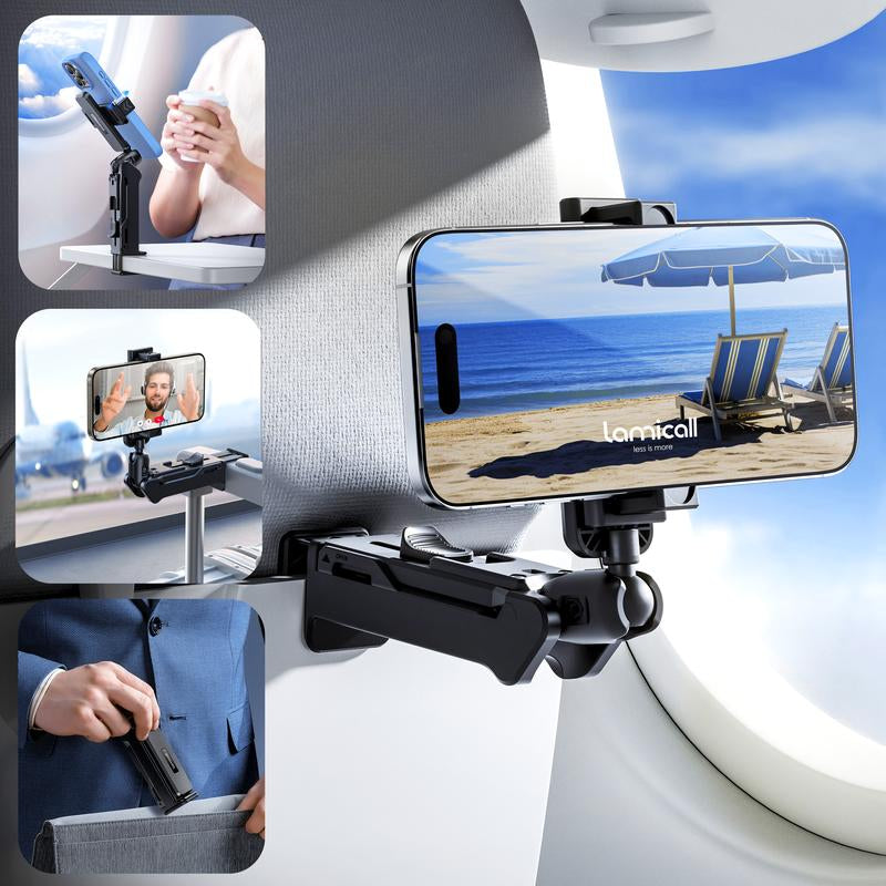 Lamicall Clamp Travel Phone Holder Mount – [2025 Wider Clamp] Portable Hands-Free Phone Stand for Airplane, Train & Car Trips – Travel Essentials for Women & Men, Fits Iphone 16 15 14 Pro Max Series