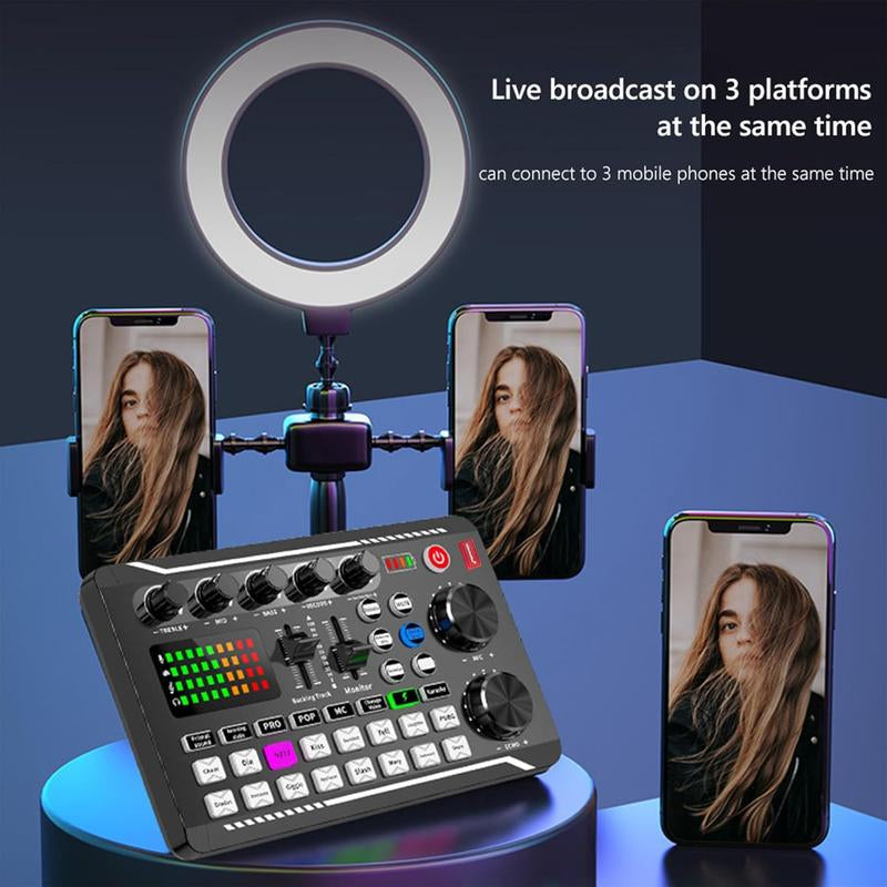 Safring Live Sound Card with DJ Mixer Effects & Voice Changer, F998 Live Sound Card Audio Mixer 16 Special Effects Ambient Sounds, Sound Card for Live Streaming/Gaming/Podcast/Recording/Vocal/Game Voice Dynamic Mic Desk Clamp Usb Rechargeable Microphone