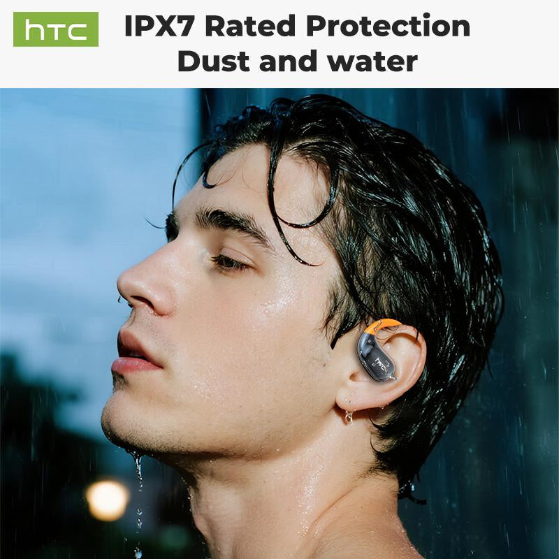 HTC Open-Ear True Wireless Bluetooth Headphones with Microphone LED Smart Controls Earbuds with Earhooks Sweat Resistant Wireless Earphones 48HRS Playtime Headsets Compatible with All Phone Glow Light Strip for Safer Night Running