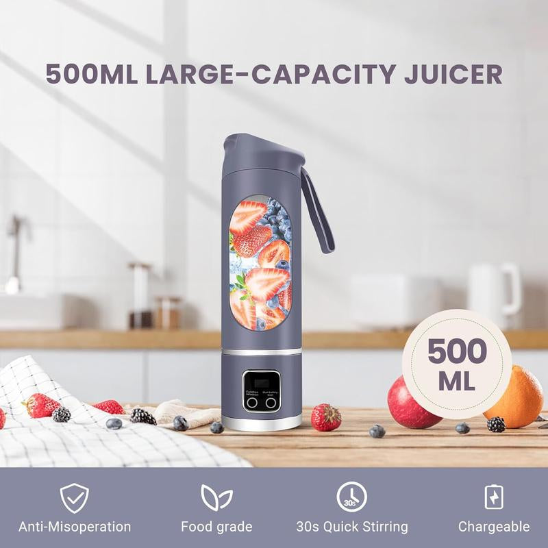 Portable Blender,Usb-C Rechargeable,Personal Compact Travel Juicer Cup 500ML for Shakes, Smoothies,Fresh Juice,Self-Cleaning,Leakproof Lid, Smart Time Display,12 Blades,With Strong Blending White