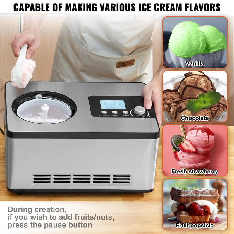 VEVOR Automatic Ice Cream Maker with Built-In Compressor, 2 Quart No Pre-Freezing Fruit Yogurt Machine, Stainless Steel Electric Sorbet Maker, 3 Modes Gelato Maker with LCD Display & Timer, Silver