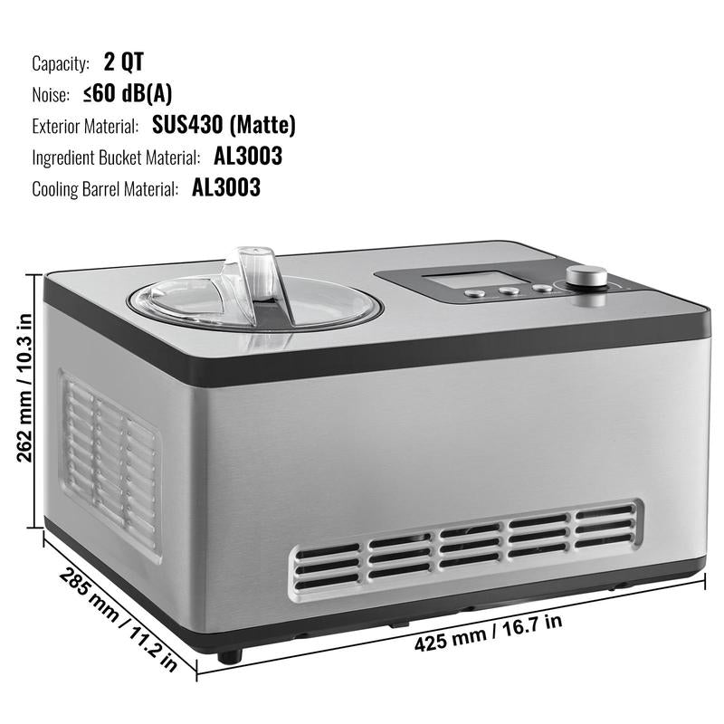 VEVOR Automatic Ice Cream Maker with Built-In Compressor, 2 Quart No Pre-Freezing Fruit Yogurt Machine, Stainless Steel Electric Sorbet Maker, 3 Modes Gelato Maker with LCD Display & Timer, Silver
