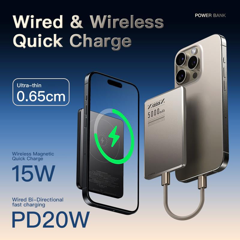 Ultra Slim Magnetic Power Bank 5000Mah 0.3Inch Wireless Portable Charger with PD 20W USB C Port Fast Charging Magsafe Battery Pack for Daily Charge and Travel Device Champagne Gold