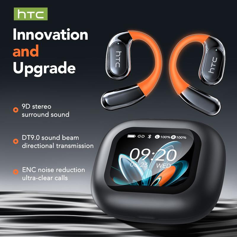 HTC Open-Ear True Wireless Bluetooth Headphones with Microphone LED Smart Controls Earbuds with Earhooks Sweat Resistant Wireless Earphones 48HRS Playtime Headsets Compatible with All Phone Glow Light Strip for Safer Night Running