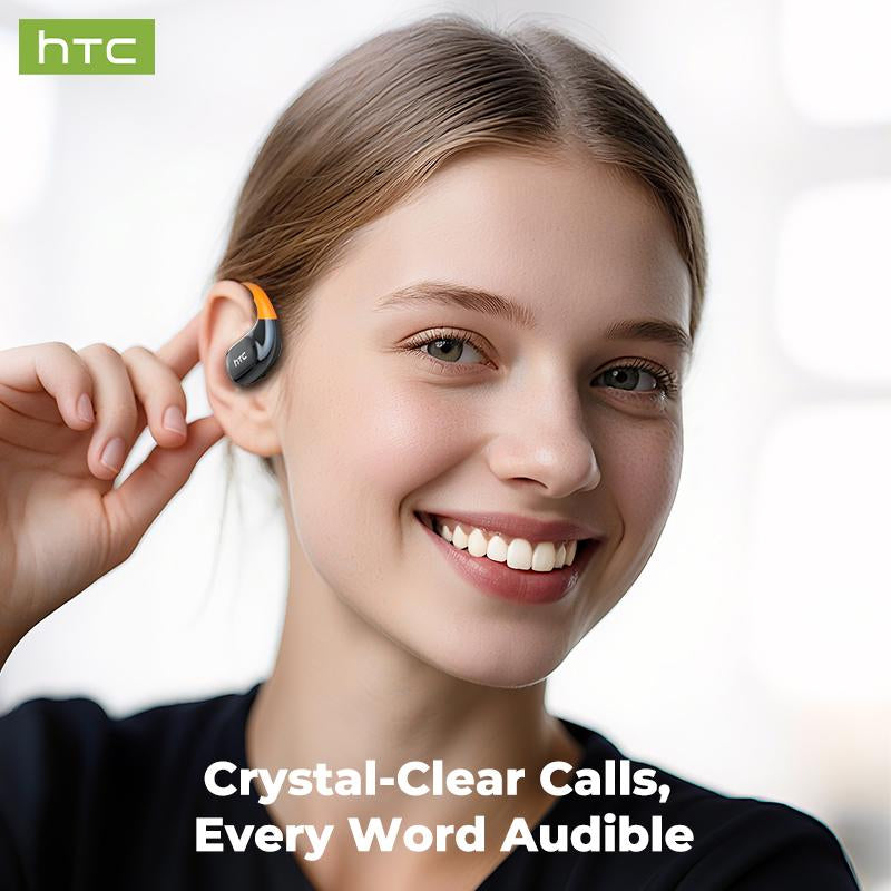 HTC Open-Ear True Wireless Bluetooth Headphones with Microphone LED Smart Controls Earbuds with Earhooks Sweat Resistant Wireless Earphones 48HRS Playtime Headsets Compatible with All Phone Glow Light Strip for Safer Night Running