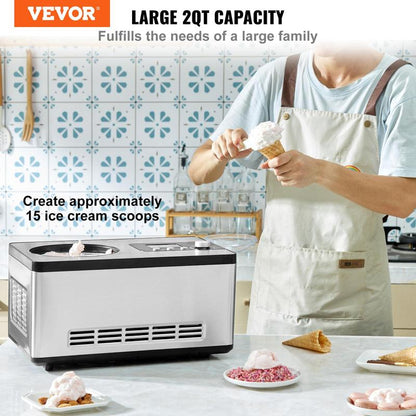 VEVOR Automatic Ice Cream Maker with Built-In Compressor, 2 Quart No Pre-Freezing Fruit Yogurt Machine, Stainless Steel Electric Sorbet Maker, 3 Modes Gelato Maker with LCD Display & Timer, Silver