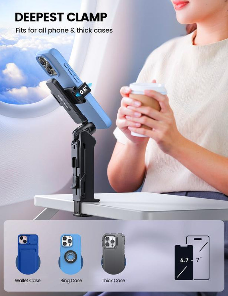 Lamicall Clamp Travel Phone Holder Mount – [2025 Wider Clamp] Portable Hands-Free Phone Stand for Airplane, Train & Car Trips – Travel Essentials for Women & Men, Fits Iphone 16 15 14 Pro Max Series