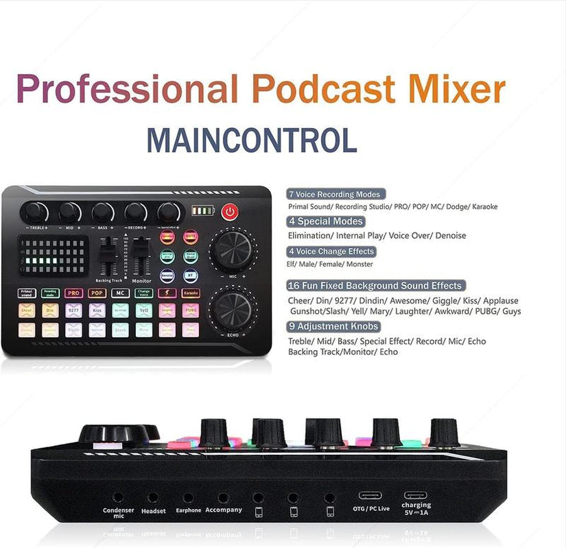 Safring Live Sound Card with DJ Mixer Effects & Voice Changer, F998 Live Sound Card Audio Mixer 16 Special Effects Ambient Sounds, Sound Card for Live Streaming/Gaming/Podcast/Recording/Vocal/Game Voice Dynamic Mic Desk Clamp Usb Rechargeable Microphone