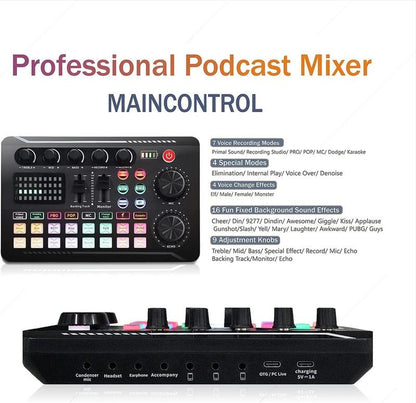 Safring Live Sound Card with DJ Mixer Effects & Voice Changer, F998 Live Sound Card Audio Mixer 16 Special Effects Ambient Sounds, Sound Card for Live Streaming/Gaming/Podcast/Recording/Vocal/Game Voice Dynamic Mic Desk Clamp Usb Rechargeable Microphone