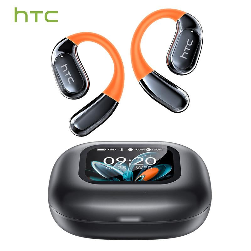 HTC Open-Ear True Wireless Bluetooth Headphones with Microphone LED Smart Controls Earbuds with Earhooks Sweat Resistant Wireless Earphones 48HRS Playtime Headsets Compatible with All Phone Glow Light Strip for Safer Night Running