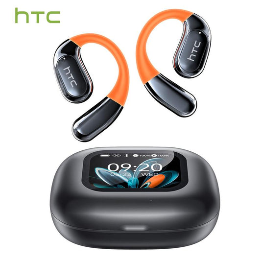 HTC Open-Ear True Wireless Bluetooth Headphones with Microphone LED Smart Controls Earbuds with Earhooks Sweat Resistant Wireless Earphones 48HRS Playtime Headsets Compatible with All Phone Glow Light Strip for Safer Night Running