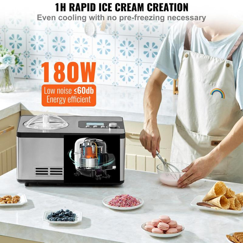 VEVOR Automatic Ice Cream Maker with Built-In Compressor, 2 Quart No Pre-Freezing Fruit Yogurt Machine, Stainless Steel Electric Sorbet Maker, 3 Modes Gelato Maker with LCD Display & Timer, Silver