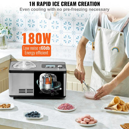 VEVOR Automatic Ice Cream Maker with Built-In Compressor, 2 Quart No Pre-Freezing Fruit Yogurt Machine, Stainless Steel Electric Sorbet Maker, 3 Modes Gelato Maker with LCD Display & Timer, Silver