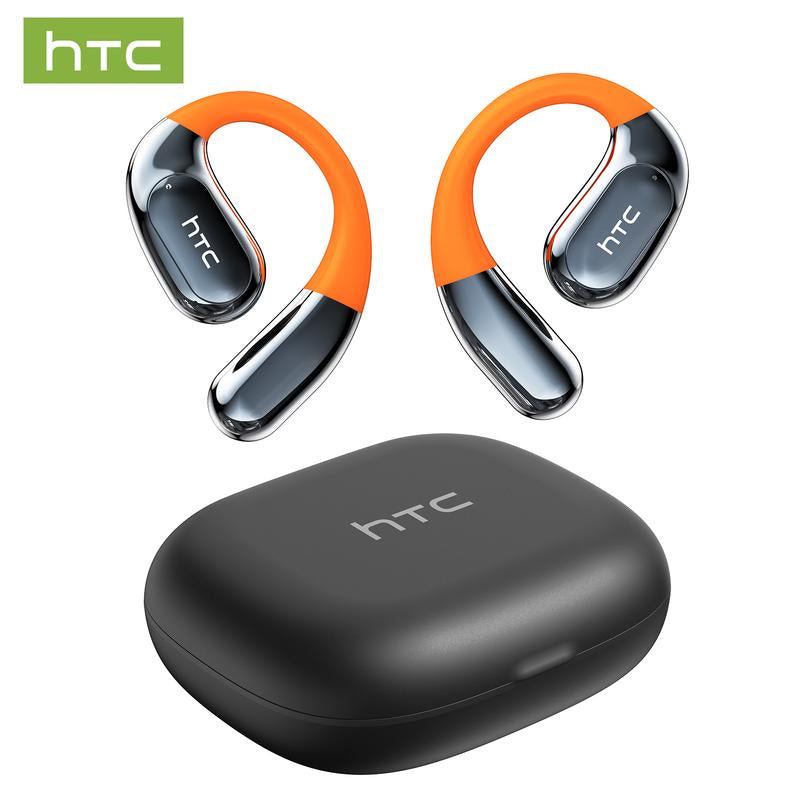 HTC Open-Ear True Wireless Bluetooth Headphones with Microphone LED Smart Controls Earbuds with Earhooks Sweat Resistant Wireless Earphones 48HRS Playtime Headsets Compatible with All Phone Glow Light Strip for Safer Night Running