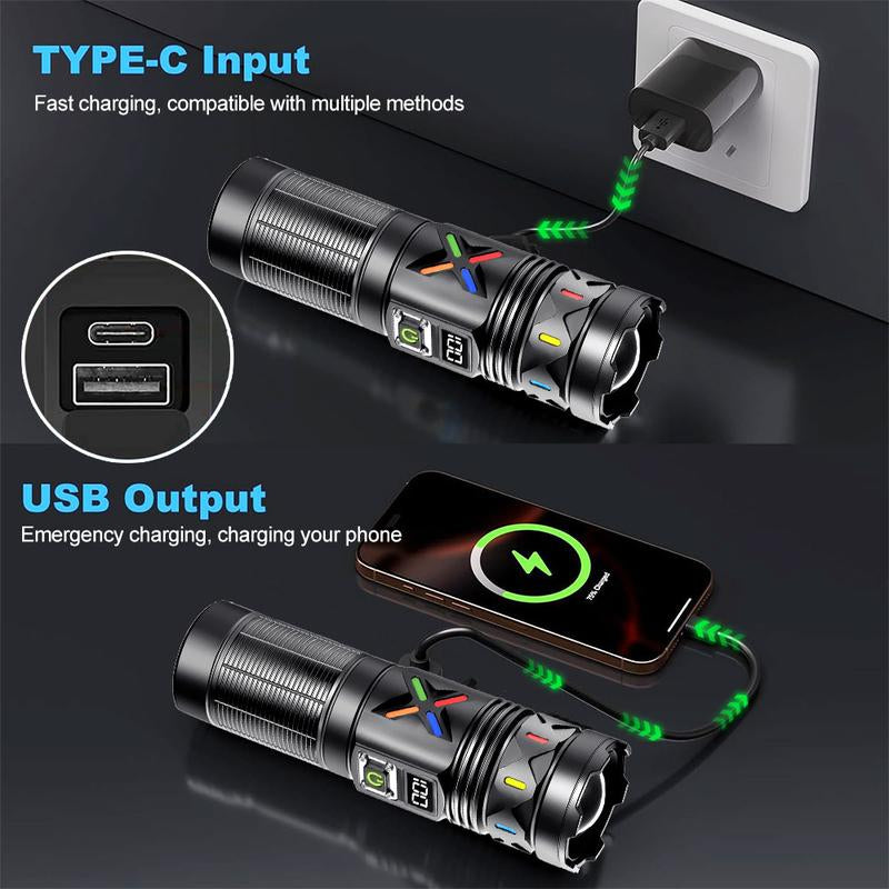 High Power 5000 Lumens Flashlight, 1500M Beam Zoomable LED Flashlight with USB-C Rechargeable 6600Mah Battery, LCD Power Display, Strobe Light for Outdoor Camping Hiking