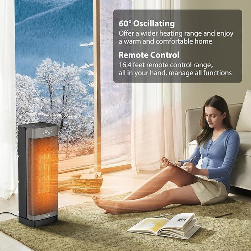 【Clearance Sale】Electric Heater, Indoor Space Heater with Thermostat: 16-Inch PTC Electric, 60° Oscillating, 4 Modes, 12-Hour Timer, 1500W Portable