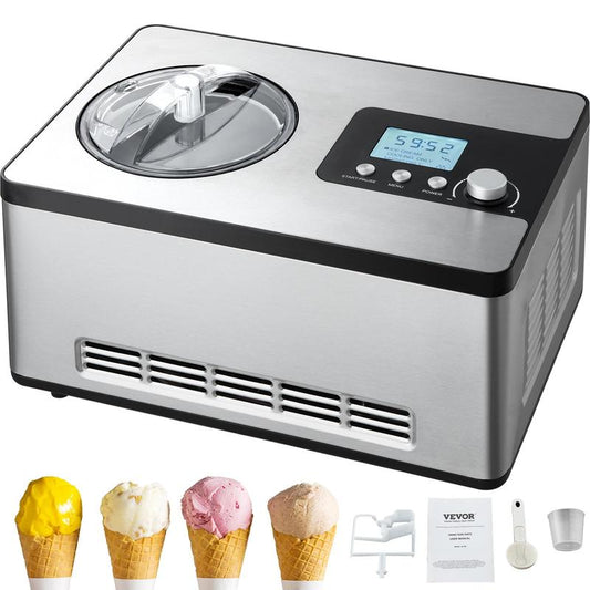 VEVOR Automatic Ice Cream Maker with Built-In Compressor, 2 Quart No Pre-Freezing Fruit Yogurt Machine, Stainless Steel Electric Sorbet Maker, 3 Modes Gelato Maker with LCD Display & Timer, Silver