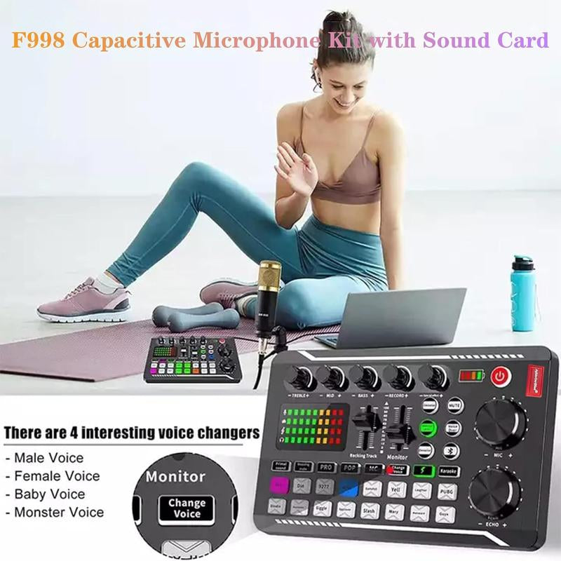 Safring Live Sound Card with DJ Mixer Effects & Voice Changer, F998 Live Sound Card Audio Mixer 16 Special Effects Ambient Sounds, Sound Card for Live Streaming/Gaming/Podcast/Recording/Vocal/Game Voice Dynamic Mic Desk Clamp Usb Rechargeable Microphone