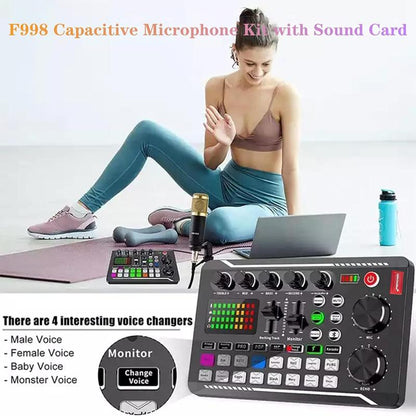 Safring Live Sound Card with DJ Mixer Effects & Voice Changer, F998 Live Sound Card Audio Mixer 16 Special Effects Ambient Sounds, Sound Card for Live Streaming/Gaming/Podcast/Recording/Vocal/Game Voice Dynamic Mic Desk Clamp Usb Rechargeable Microphone