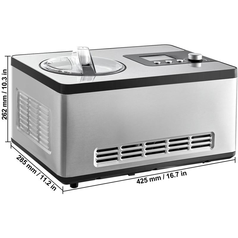 VEVOR Automatic Ice Cream Maker with Built-In Compressor, 2 Quart No Pre-Freezing Fruit Yogurt Machine, Stainless Steel Electric Sorbet Maker, 3 Modes Gelato Maker with LCD Display & Timer, Silver