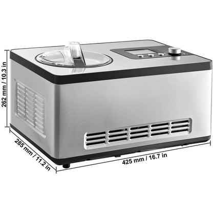 VEVOR Automatic Ice Cream Maker with Built-In Compressor, 2 Quart No Pre-Freezing Fruit Yogurt Machine, Stainless Steel Electric Sorbet Maker, 3 Modes Gelato Maker with LCD Display & Timer, Silver