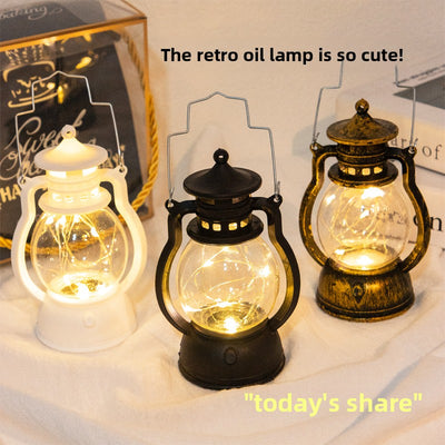 Vintage LED Small Oil Lamp on wooden table – retro-style décor light