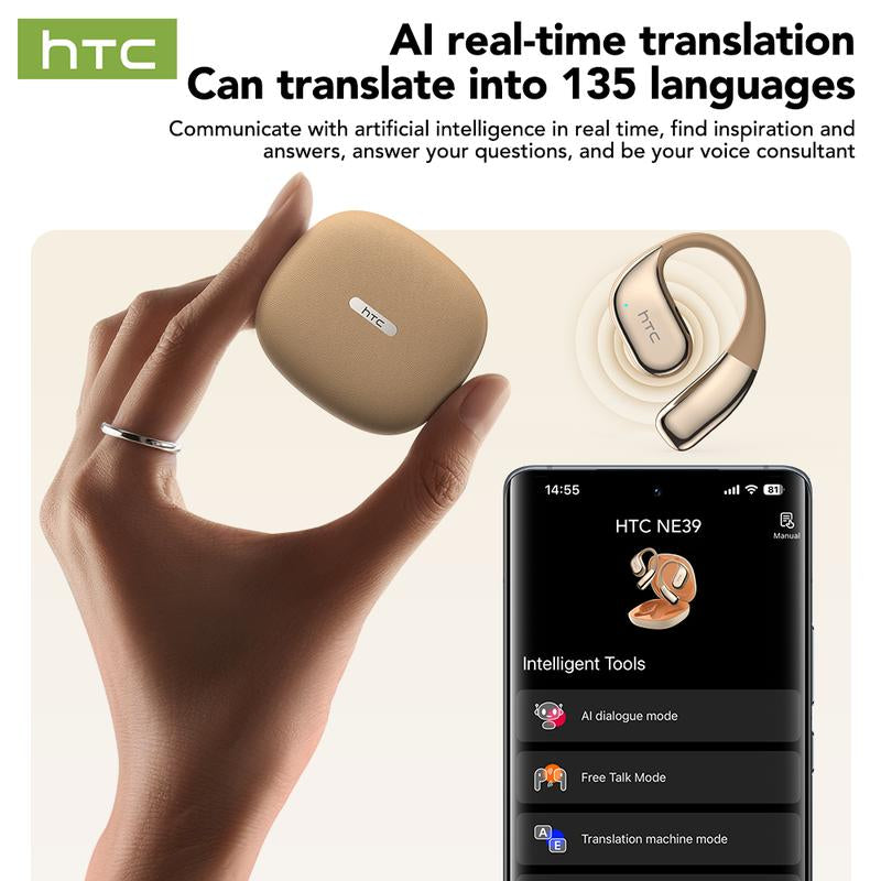 HTC NE39 OWS - Translator Headset Bluetooth Headset (6.0) IPX5 Waterproof Built-In Microphone Comfortable to Wear, Great Sound Quality, and Backed by a Three-Month Warranty! Perfect for Work, Sports, Study, and Voice Calls.
