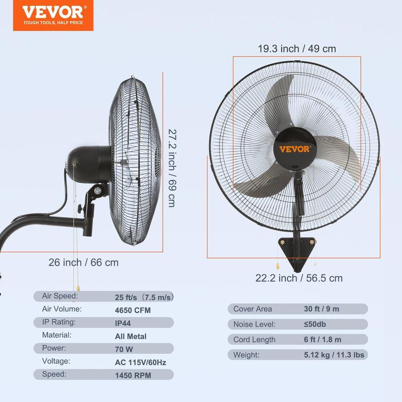 VEVOR Oscillating Wall Mount Fan, Various Specifications, Commercial or Residential for Warehouse, Greenhouse, Workshop, Patio, Basement, Black