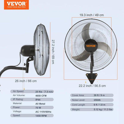 VEVOR Oscillating Wall Mount Fan, Various Specifications, Commercial or Residential for Warehouse, Greenhouse, Workshop, Patio, Basement, Black