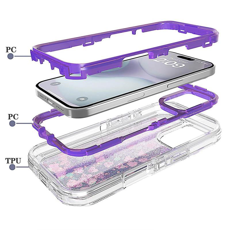 Glitter Case for Iphone 16 Pro Max 15 14 13 12 Pro Max plus for Women Girl Clear 3-In-1 Heavy Duty Protective Phone Case with Floating Liquid Quicksand Shiny Bling Sparkly Cute