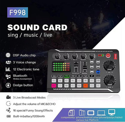 Safring Live Sound Card with DJ Mixer Effects & Voice Changer, F998 Live Sound Card Audio Mixer 16 Special Effects Ambient Sounds, Sound Card for Live Streaming/Gaming/Podcast/Recording/Vocal/Game Voice Dynamic Mic Desk Clamp Usb Rechargeable Microphone