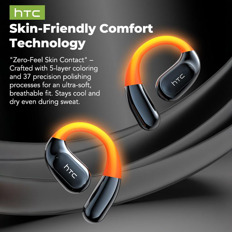 HTC Open-Ear True Wireless Bluetooth Headphones with Microphone LED Smart Controls Earbuds with Earhooks Sweat Resistant Wireless Earphones 48HRS Playtime Headsets Compatible with All Phone Glow Light Strip for Safer Night Running