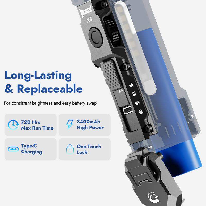 【NEW LAUNCH】WUBEN X4 1500 Lumens Multi-Function LED Flat Flashlight, RGB Mood Light & Side Camping Lamp, Instant-On Tail Switch, USB-C Rechargeable, IP68 Waterproof for Camping, Hiking, Night Patrol